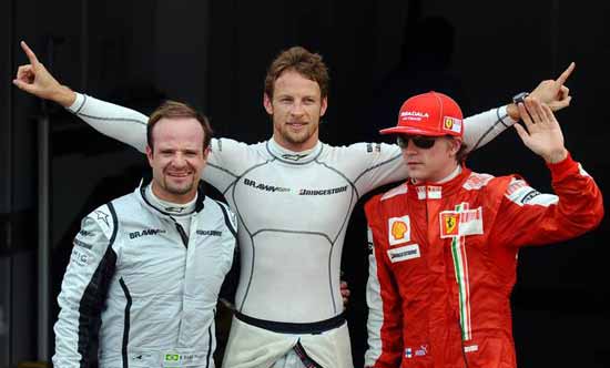 jenson button, kimi raikkonen e rubens barrichello , grid de largada gp monaco 2009