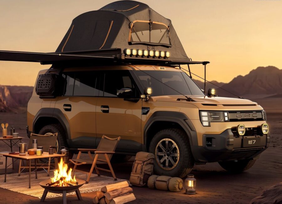 Home 2 GAC Yue 7 off road com barraca de camp no teto
