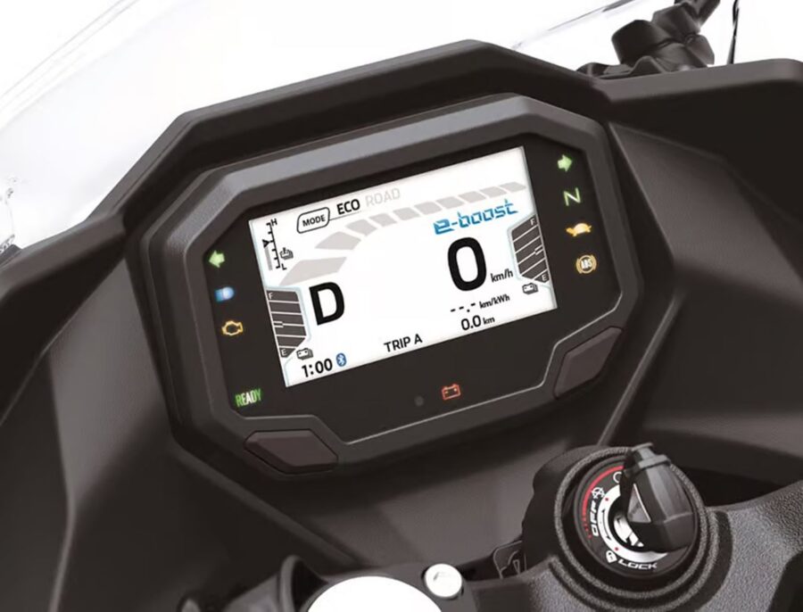 Kawasaki Ninja e-1: a esportiva elétrica roda até 65 km, porém o desempenho decepciona. Confira 3 Kawasaki Ninja e-1 painel digital